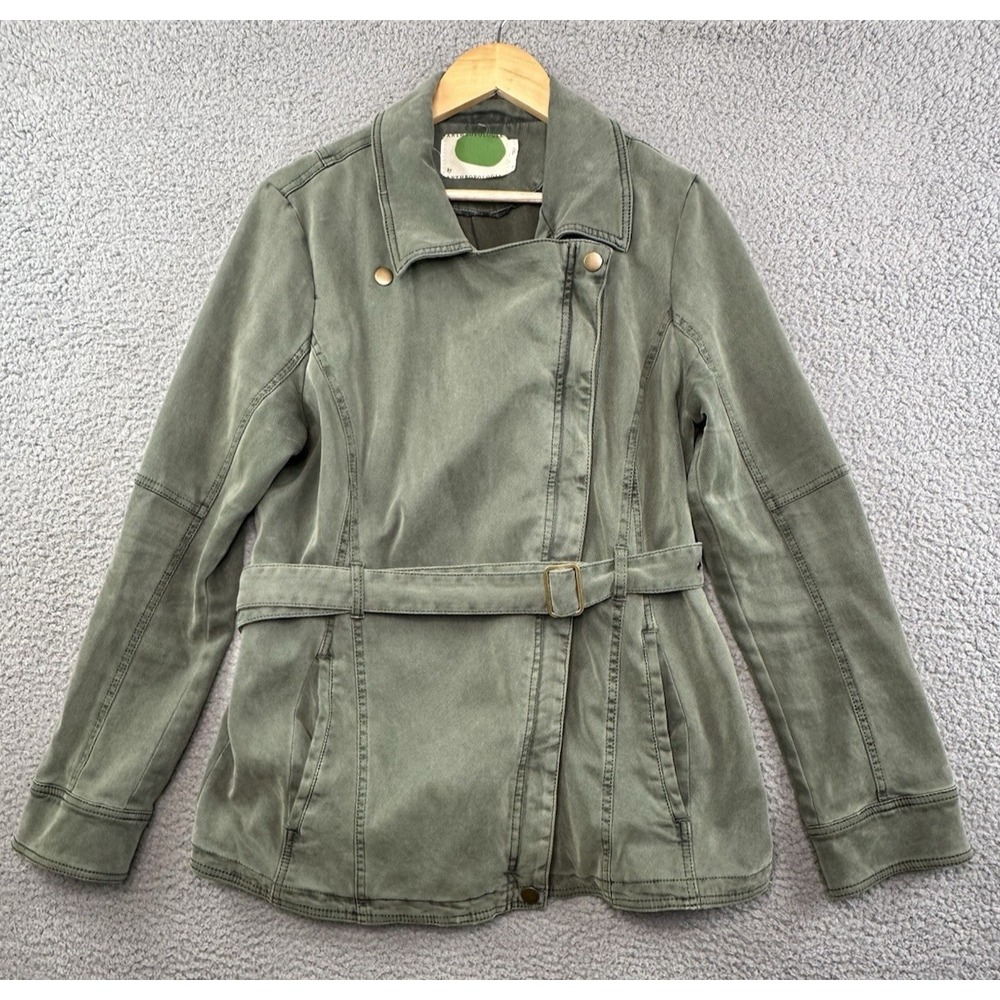 Anthropologie Jacket Womens Large Green Everyday Belted Moto Stretch Army